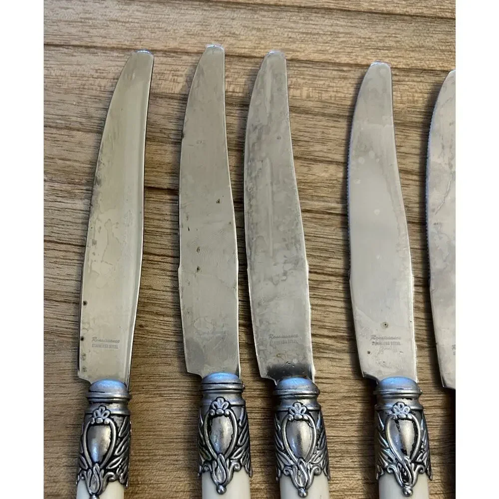 Vtg Set of 6 Home Essentials RENAISSANCE BONE‎ Dinner Knives 9” Serrated